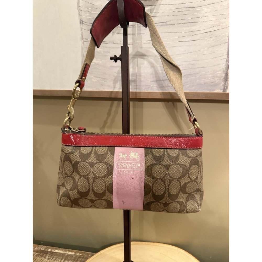 Coach‎ Brown Heritage Jacquard Pink Stripe Red Hobo Shoulder Bag Y2K